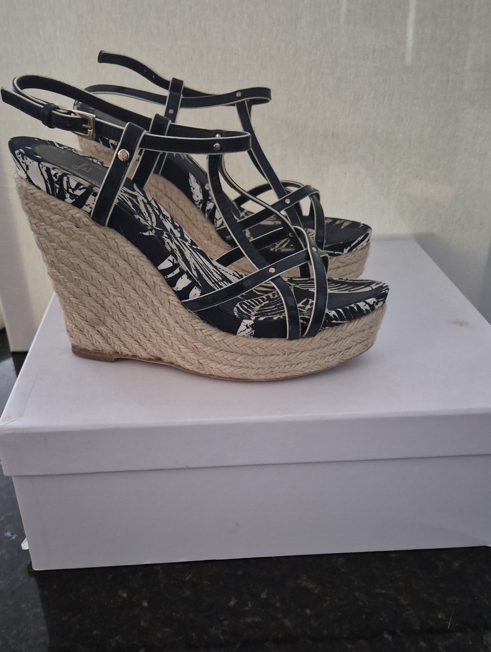 Dior Black Strappy Espadrille Wedge Sandals with Natural Rope Platform